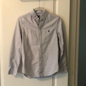 Ralph Lauren Boys Button Down Polo Shirt White with Navy and Blue pattern sz 14
